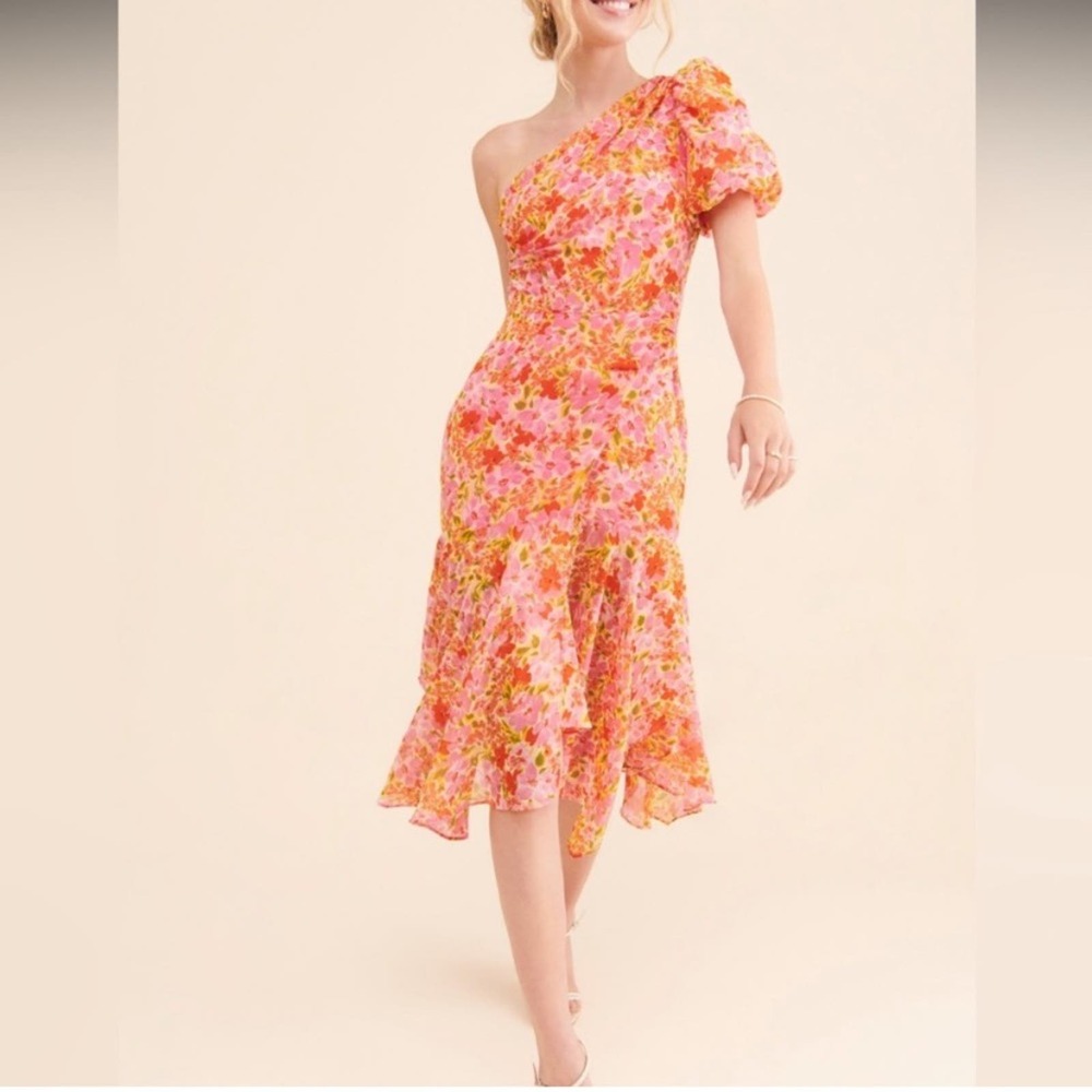 ASTR The Label | Santorini Floral Midi Dress One Shoulder Pink Orange